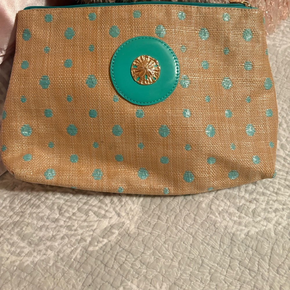 Elegant Tan and Blue Polka Dot Cosmetic Bag